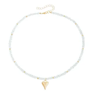 Light Blue Seed Bead Necklace with Gold Heart Charm, 18K Gold Plated Alloy, 45cm Adjustable Clavicle Chain for Women
