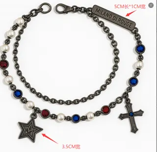 Punk Star & Cross Pearl Belt Chain - Black Alloy Waist Chain with Red Blue Gemstones, Gothic Stage Festival Accessory for Women