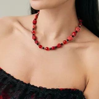 Halloween Skull Crystal Necklace Red Beaded Choker Gothic Dark Alloy Turquoise Adjustable 40+5cm Women