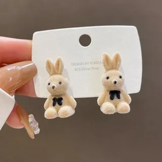 Korean Cute Plush Bunny Earrings, Light Coffee 3D Bowknot Studs, Hypoallergenic 925 Silver Post, Soft Fluffy Rabbit Ear Jewelry for Women Girls
