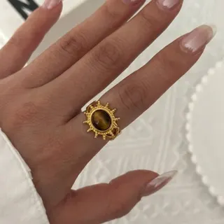 Tiger Eye Stone Ring, 18K Gold Plated Stainless Steel Open Wrap Ring, Retro Maillard Style Adjustable Finger Ring for Women, Hypoallergenic