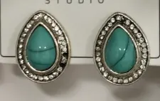 Luxury Teardrop Marquise Earrings for Women, Rhinestone Encrusted Turquoise Blue-Green Alloy Drop Earrings, Vintage French Elegant Dangle Earrings for Party & Daily Wear