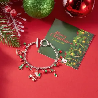 Christmas Charm Bracelet for Women - Santa Snowman Tree Candy Cane Dangles with Pearl & Crystal, 18K Gold Plated, Holiday Gift Jewelry 16cm