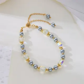Pearl Crystal Stretch Bracelet for Women - Pink AB Faceted Beads with 18K Gold Plated Alloy, Adjustable Elastic String, Elegant Shiny Beaded Wristband