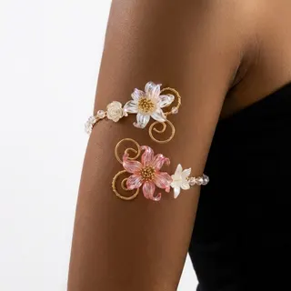 Flower Crystal Arm Cuff Bracelet, Gold Tone Iron with Acrylic Petals, French Vintage Boho Arm Band for Wedding Party & Vacation