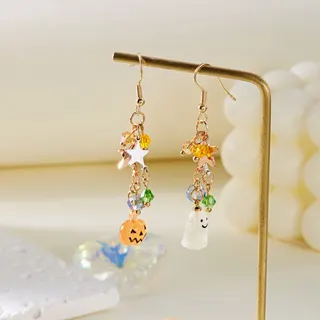 Halloween Pumpkin Ghost Asymmetric Dangle Earrings, Alloy Resin Crystal Star Earrings, Cute Cartoon Halloween Party Jewelry for Women Girls