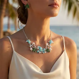 Ocean Sea Horse Starfish Coral Pearl Necklace & Earring Set, Turquoise Enamel Alloy Jewelry, Beach Vacation Bridal Accessories