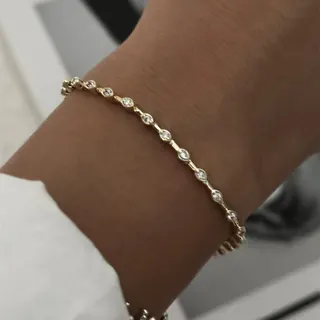 Minimalist Cubic Zirconia Tennis Bracelet for Women, 18K Gold Plated Brass Oval Pavé Chain, 19cm Elastic Adjustable, Dainty Stacking Bracelet