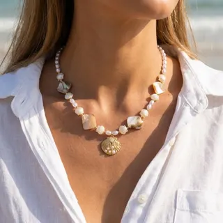 Boho Beach Shell Pearl Necklace - Gold 18K Plated Alloy with Natural Shell Beads & Fan Pendant, Adjustable 40+5cm, French Vintage Clavicle Chain for Summer Vacation