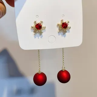Christmas Snowflake Crystal Long Tassel Drop Earrings, 18K Gold Plated Alloy with Red Ball Charm, Festive Dangle Earrings for Women (Pair)