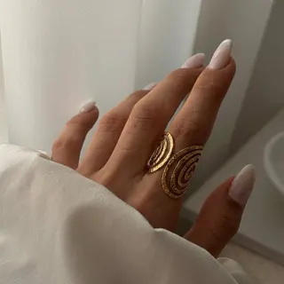 Stainless Steel Irregular Geometric Line Ring, Gold Plated Open Wide Band, Evil Eye & Mother of Pearl Inlay, Boho Vintage Stackable Ring, Hypoallergenic Tarnish Free, 1.8cm