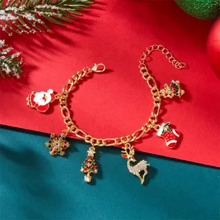 Christmas Bracelet for Women 18K Gold Plated Alloy Santa Claus Christmas Tree Snowflake Enamel Charm Adjustable Beaded Holiday Gift Jewelry 17+5cm