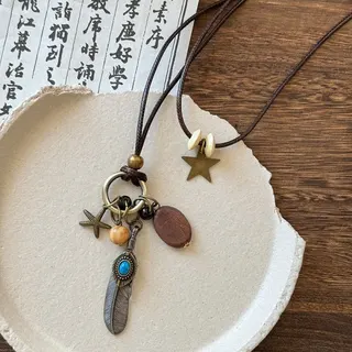 Bohemian Feather Layered Necklace, Vintage Alloy Long Pendant with Turquoise & Star Charm, Ethnic Gypsy Style Beaded Rope Choker 70+4cm
