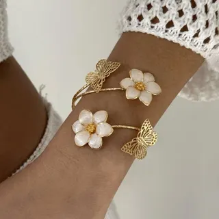Pink Flower Butterfly Open Cuff Bracelet, 18K Gold Plated Alloy, Enamel 5-Petal Blossom with Hollow Butterfly, Adjustable Sweet French Style Bangle for Women