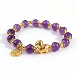 Horse Year Zodiac Beaded Bracelet - Red Beads with 18K Gold Plated Alloy Horse Charm & Fu Pendant, Lucky Protection Bracelet for Women, 16cm