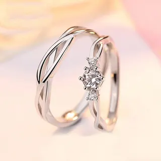 Adjustable Open-Back Twist Crossover Ring with Zirconia, Rhodium-Plated White Gold Couple Rings Set of 2, Promise Engagement Gift