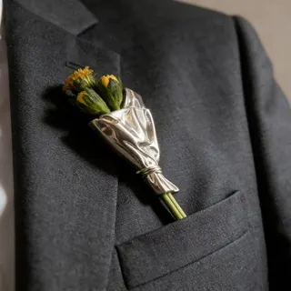 Designer Bouillon Brooch - Crinkled Silver Foil Flower Boutonniere for Men's Suit, Wedding & Formal Wear, Minimalist Art Jewelry Pin