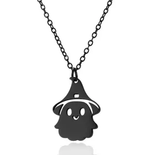 Black Halloween Ghost Necklace for Women, Stainless Steel Anti-Allergy Gothic Cute Hollow Pendant Chain, 50+5cm Adjustable Clavicle Chain