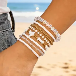 Boho Beaded Bracelet Set of 8 - Brown Earth Tone Crystal CCB Rice Beads & Crushed Stone Stackable Bracelets for Women, Approx 18cm, Vacation Beach Style