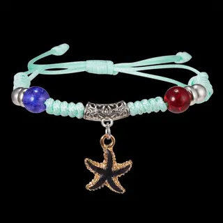 Starfish Charm Kids Bracelet, Mint Green Handwoven Adjustable Cord 11-22cm, Alloy Painted Starfish Pendant with Blue Red Crystal Beads, Ocean Style Gift for Girls