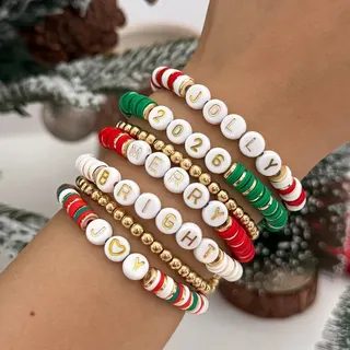 Christmas Beaded Bracelet Set - Merry Christmas Letter Beads with Snowman Reindeer Tree Charms, Red Green White Clay Beads, 5-Piece Stackable Holiday Jewelry Gift for Women