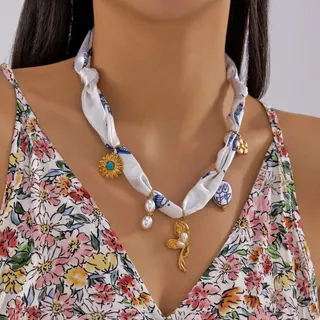 Boho Silk Scarf Necklace for Women, 18K Gold Plated Stainless Steel Pendant with Pearl & Turquoise Sunflower, Adjustable 50+5cm Vintage Statement Collar Necklace