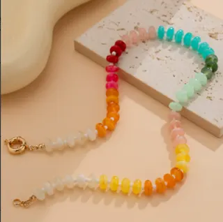 Natural Stone Necklace Women Rainbow Gradient Beaded Choker 43cm Boho Colorful Gemstone Chain with Gold Clasp