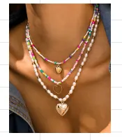Sweet Multi-Layer Pearl Bead Necklace with Rhinestone Heart & Letter Pendant, Adjustable 45+5cm Choker Chain for Women