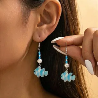 Ocean Starfish & Fish Dangle Earrings, Resin Bead Long Drop Earrings, Orange Pink Candy Color Vacation Girl Jewelry, Alloy Plated, 5cm
