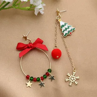 Christmas Asymmetric Dangle Earrings, Alloy 18K Gold Plated, Santa Hat & Glove Pom Pom Drop Earrings, Festive Gift Jewelry for Women