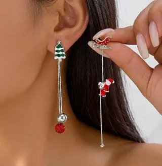 Climbing Santa Christmas Earrings, White Gold Alloy Long Tassel Dangle Earrings, Asymmetric Christmas Tree & Sleigh Design, Holiday Party Statement Jewelry, 8.5cm