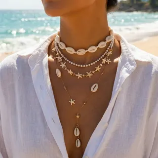 Boho Beach Shell Starfish Layered Necklace Set 4pcs - Gold Alloy & Rice Bead Cowrie Shell Long Necklaces, Multi-Length 40/42/54cm +5cm Extender, Ocean Vacation Jewelry for Women