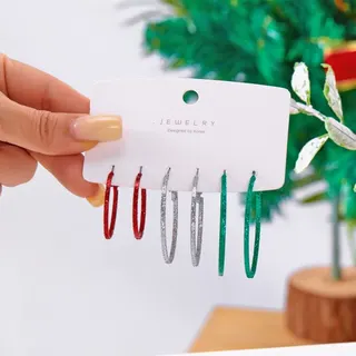 Christmas Twist Hoop Earrings Set of 3, Red Green White Glitter Spiral Hoop Earrings for Women, Alloy Holiday Party Jewelry 4.5cm