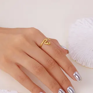 Gold Snake Ring for Women, Adjustable Open-Back Stainless Steel Ring, 18K Gold Plated Sculpted Snake Head, Hypoallergenic Tarnish-Free Stacking Ring