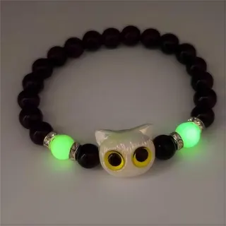 Glow in the Dark Black Cat Beaded Stretch Bracelet, Resin Luminous Blue-Eye Cat Charm with Alloy Silver Spacers, Cute Gothic Night-Glow Wristband for Halloween Party, Adjustable 6cm