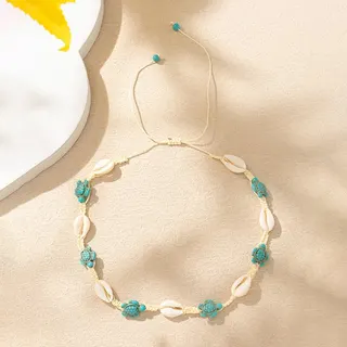 Boho Sea Star & Cowrie Shell Beaded Necklace, Handmade Braided Rope with Painted Shells & Blue Starfish, Summer Beach Vacation Jewelry Set with Bracelet, ~75cm