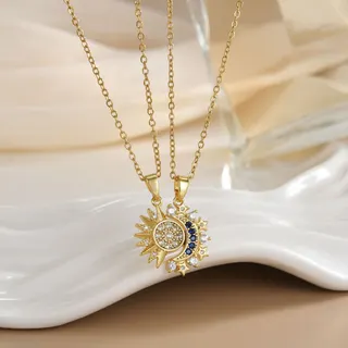 Magnetic Sun & Moon Couple Necklace, 18K Gold Plated Stainless Steel with Zirconia & Blue Gemstone Pendants, 50cm, Romantic Gift for Her