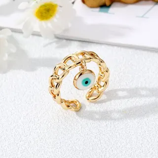 Evil Eye Ring for Women, Blue Nazar Pendant Open Adjustable Chain Ring, 18K Gold Plated Alloy, Boho Vintage Lucky Eye Finger Ring