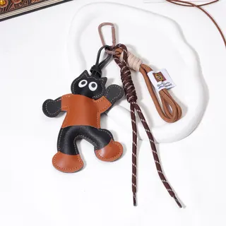 Autumn Maillard PU Leather Cartoon Doll Bag Charm Keychain, Cute Stitched Figurine Pendant with Alloy Clip & Braided Rope 3-Piece Set, Fashionable Bag Accessory Gift