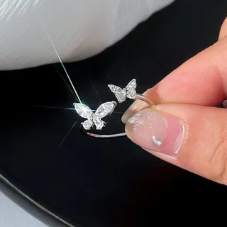 Butterfly Ring for Women, White Gold Open Adjustable Band with Micro-Pavé Zirconia Double Butterfly, Elegant Delicate Jewelry Gift
