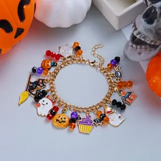 Halloween Charm Bracelet for Women - Pumpkin Ghost Black Cat Witch Multi-Charms Gold Alloy Crystal Beaded Adjustable Party Cosplay Jewelry Gift