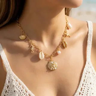 Boho Ocean Shell Necklace - Gold Plated Alloy with Pearl, Seahorse Starfish & Shell Charms, Adjustable 40+5cm Clavicle Chain for Beach Vacation
