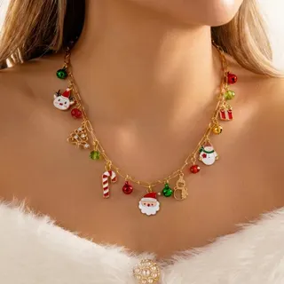 Christmas Multi-Charm Necklace Gold Alloy Santa Snowman Candy Cane Bell Gift Tree Enamel Pendant Adjustable 40+8cm Holiday Party Jewelry Gift