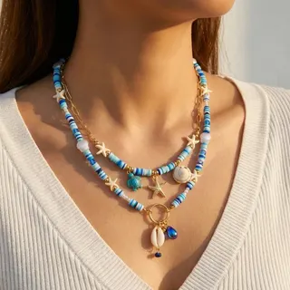 Boho Ocean Starfish Shell Beaded Necklace Set, 2-Piece Layered Strand with Gold-Plated Alloy & Polymer Clay, Blue White Beach Vacation Jewelry for Women