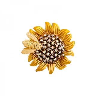 Vintage Sunflower Brooch with Bee, 18K Gold Plated Alloy Pin, AB Crystal Flower Lapel Brooch for Women, 2.9cm Fashion Jewelry Gift