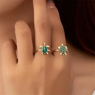 Cute Turtle Ring Set of 2, Green Enamel Cartoon Animal Finger Ring, 18K Gold Plated Alloy Adjustable Open Band, Fun Matching Rings for Women Girls, 1.1x1.2cm