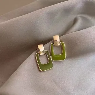 Vintage Green Enamel Earrings, 18K Gold Plated Alloy Square Hollow Hoop Earrings, Minimalist Geometric Drop Earrings for Women, 1cm Pair