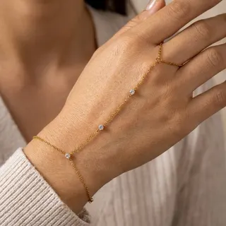 Minimalist Stainless Steel Zircon Finger Chain Bracelet for Women, 18K Gold Plated Tarnish-Free Wrap Wrist & Finger Chain with Cubic Zirconia, 16+3cm Adjustable