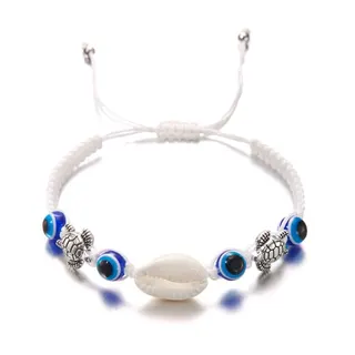 Red Braided Bracelet with Evil Eye Beads, Silver Turtle Charm & Natural Cowrie Shell, Adjustable 16-30cm, Nazar Protection Handmade Wristband Ankle Bracelet