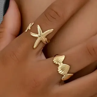 Boho Sea Star & Shell Ring Set, Open Adjustable Gold-Plated Alloy Finger Rings, Beach Vacation Jewelry, 2pcs